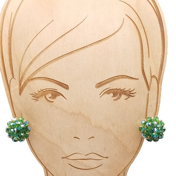 Vintage Green Crystal Bead Cluster Clip-On Earrings - Picture 1 of 4
